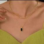 Gold Black Square Dual Layer Necklace with Elegant Black Pendant and Gold Plated Alloy Finish