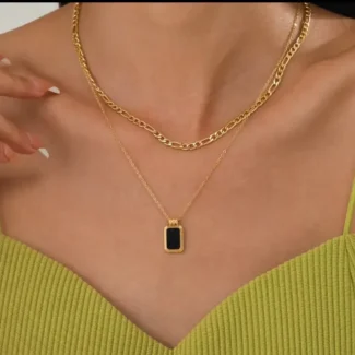 Gold Black Square Dual Layer Necklace with Elegant Black Pendant and Gold Plated Alloy Finish