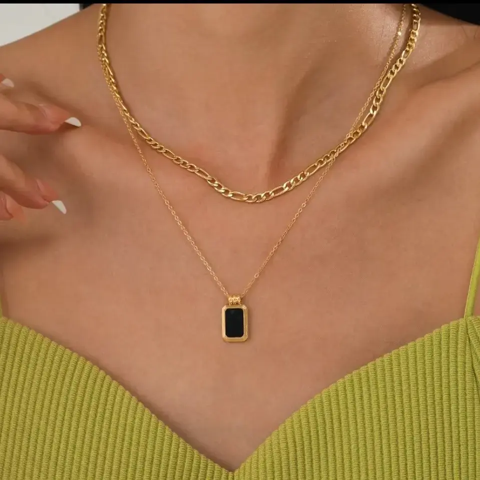 Gold Black Square Dual Layer Necklace with Elegant Black Pendant and Gold Plated Alloy Finish