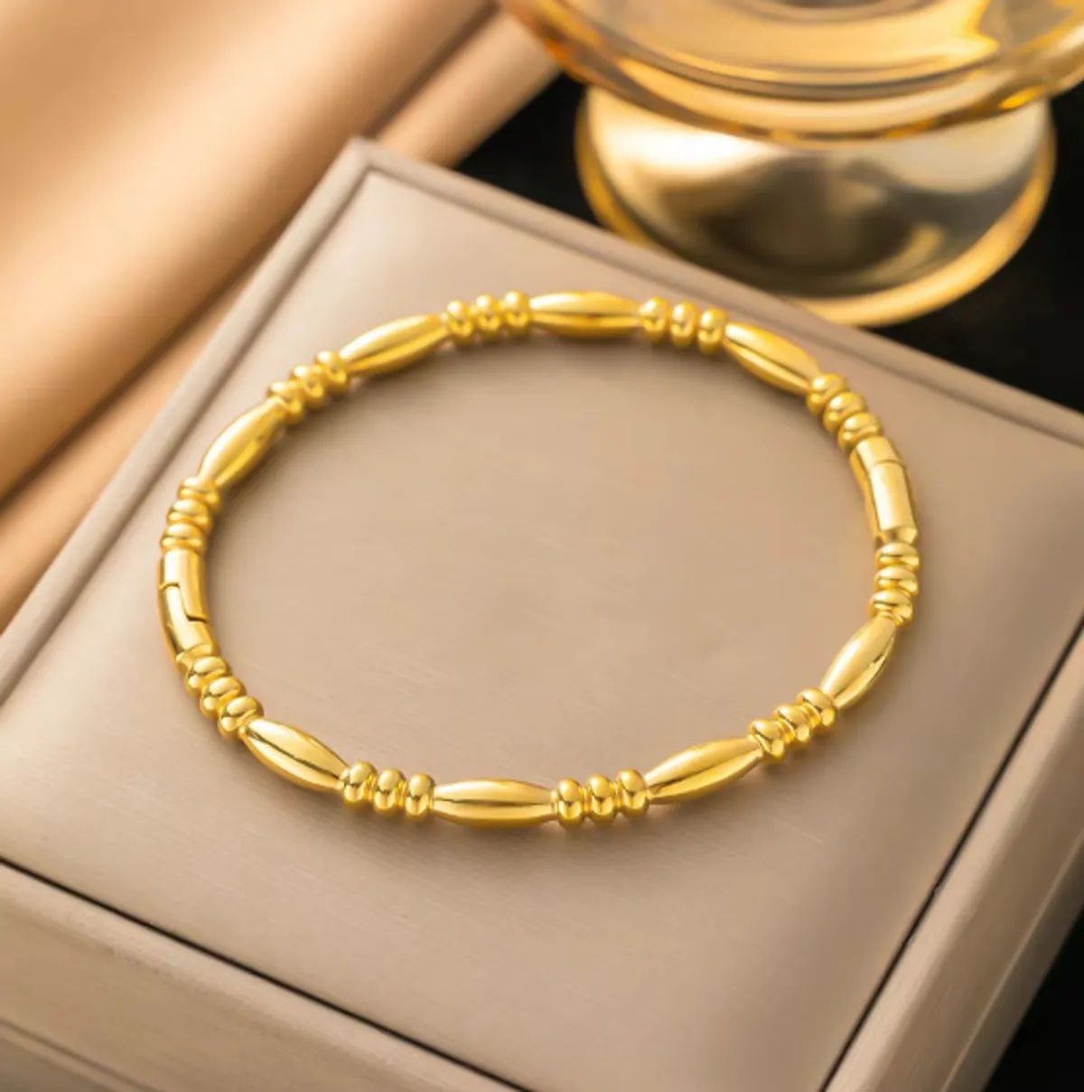 Gold Beaded Bamboo Style Bracelet with 18K Gold PVD Plated Stainless Steel