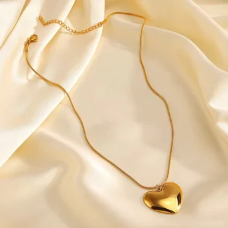 Gold Big Heart Pendant Necklace with Large Glossy Heart Design and Gold Plated Chain