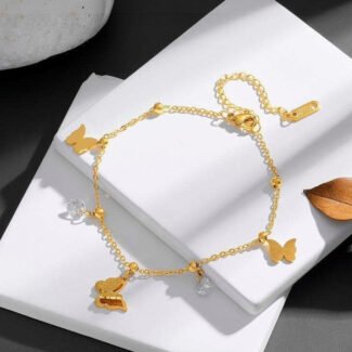 Gold Butterfly and Stone Charm Anklet in 18K PVD Plated Stainless Steel