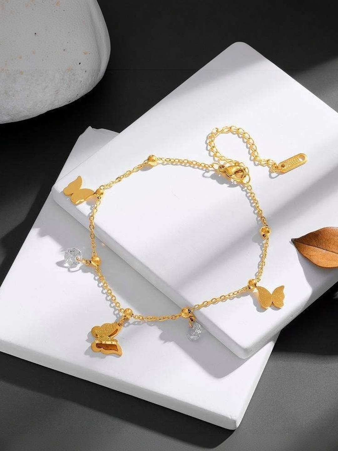 Butterfly & Stones Anklet gold Gold Butterfly and Stone Charm Anklet in 18K PVD Plated Stainless Steel