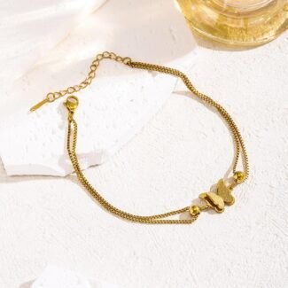 Gold Butterfly Double Chain Anklet with 18K PVD Plated Stainless Steel