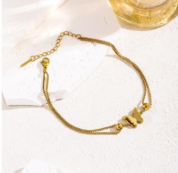 Gold Butterfly Double Chain Anklet with 18K PVD Plated Stainless Steel