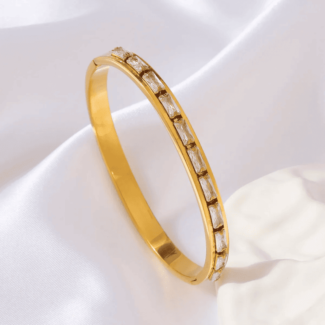 Gold Crystal Studded Bangle Bracelet with 18K Gold PVD Plated Stainless Steel