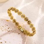 Gold Daisy Flower Stone Bangle Bracelet with 18K Gold PVD Plating and Floral Design