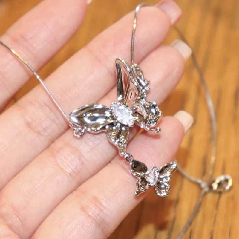 Silver Dual Butterfly Drop Necklace with Elegant Butterfly Charms for Women