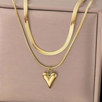 Gold Dual Layer Heart Necklace in 18K Gold Plated 316L Stainless Steel – Anti Tarnish Waterproof Jewellery