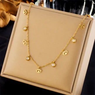 Gold Evil Eye Charm Necklace with Protective Eye Charms and Gold Plated Chain