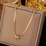 Gold Snake Chain Double Layer Necklace with Circular Zircon Pendant for Women