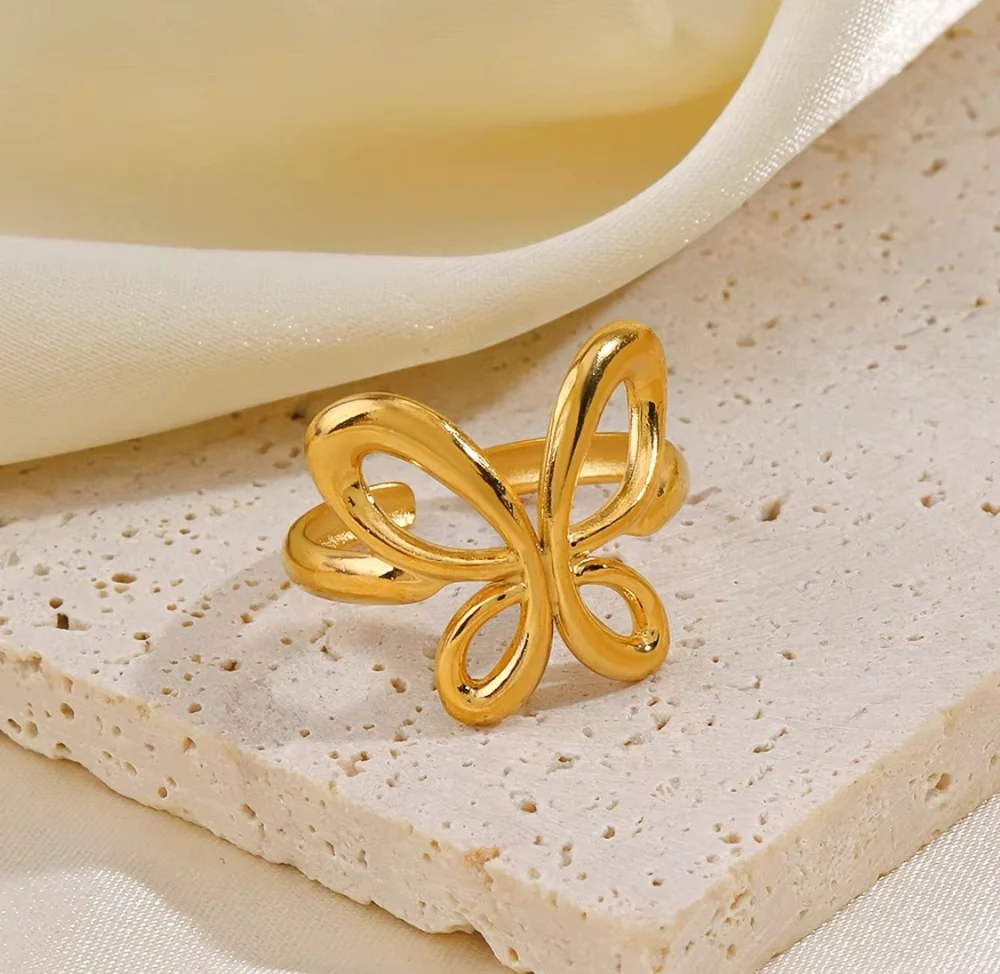 Hollow Butterfly Ring Adjustable Size Anti-Tarnish Gold Hollow Butterfly Adjustable Ring in 18K PVD Plated Stainless Steel