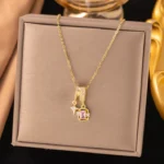 Gold Pink Zircon Charm Necklace in 18K Gold Plated Stainless Steel – Anti Tarnish Waterproof Jewellery