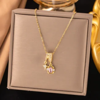 Gold Pink Zircon Charm Necklace in 18K Gold Plated Stainless Steel – Anti Tarnish Waterproof Jewellery