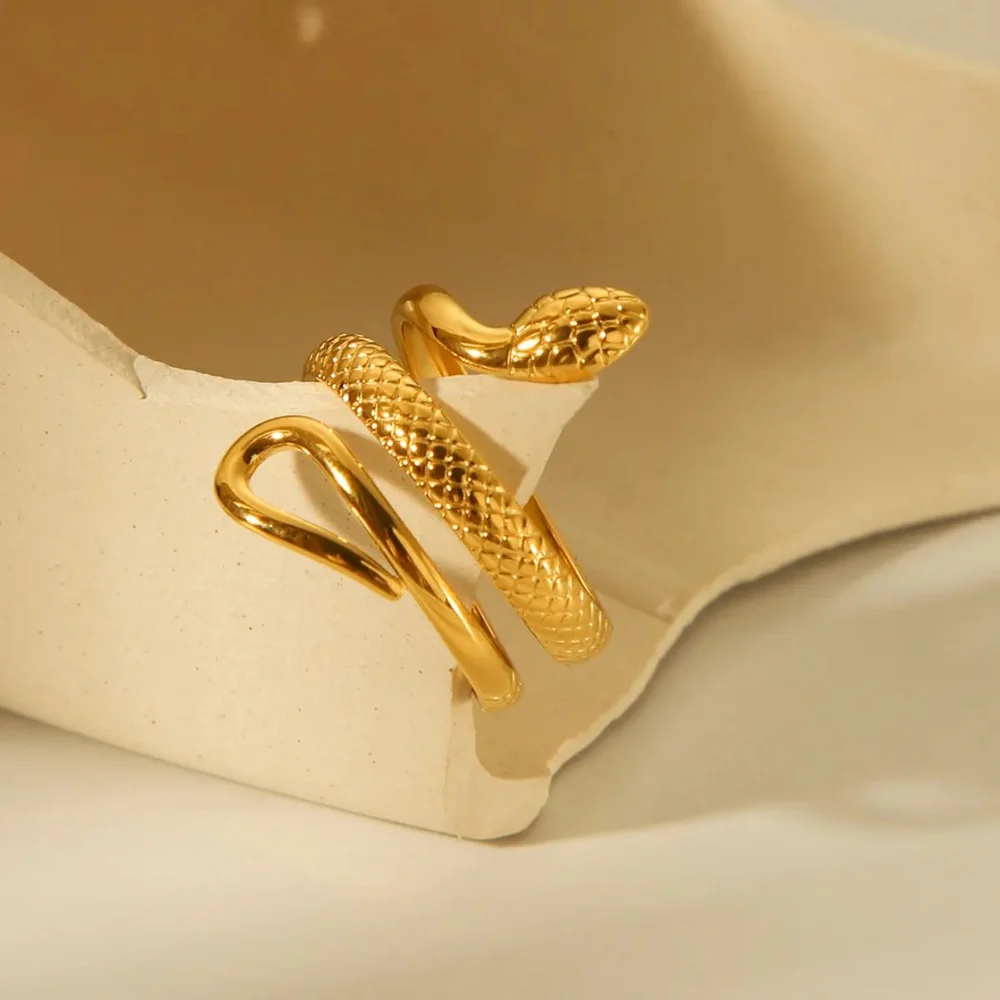 Gold Textured Snake Adjustable Statement Ring in 18K PVD Plated Stainless Steel