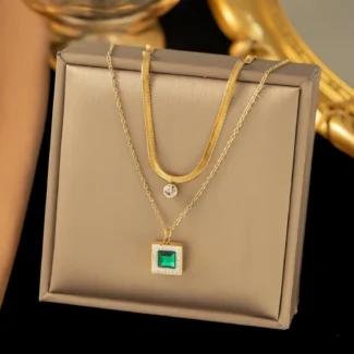 Emerald Square Dual Chain Necklace in Premium Stainless Steel – Anti Tarnish Waterproof Jewellery