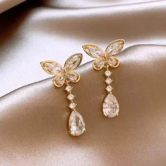 Gold Plated Butterfly Crystal Drop Earrings with teardrop crystal