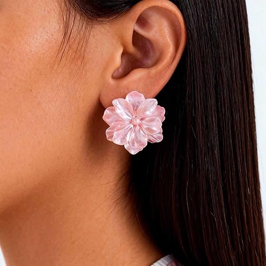 Korean Pink Camellia Flower Stud Earrings pastel design