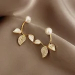 Gold Triple Foliage Pearl Korean Stud Earrings with leaf design