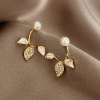 Gold Triple Foliage Pearl Korean Stud Earrings with leaf design