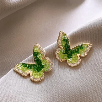 Korean Green Gradient Crystal Butterfly Stud Earrings
