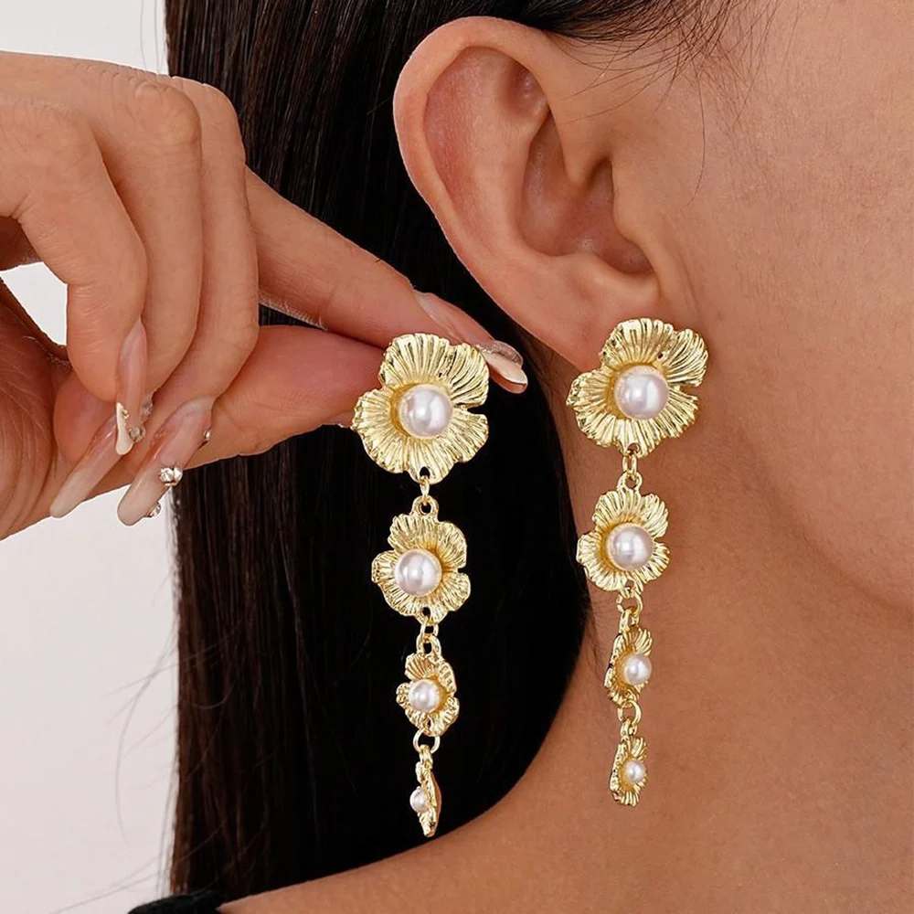 Pearl FlowerLong Tassel Earrings Korean Pearl Flower Long Tassel Drop Earrings with pearl detailing