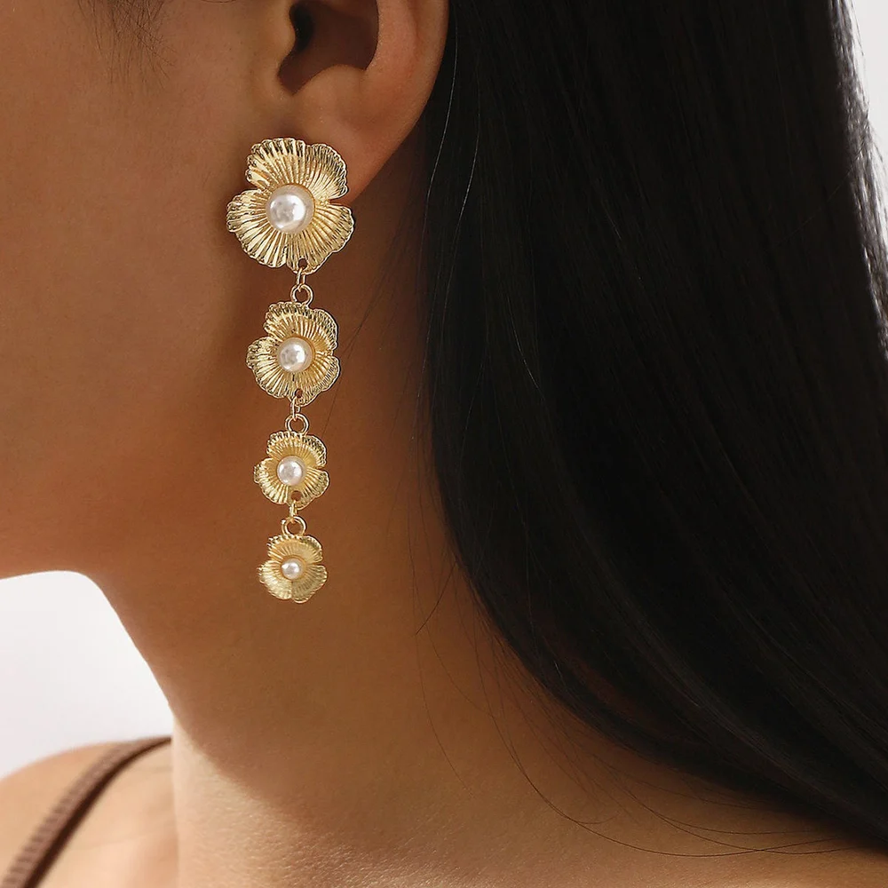 Pearl FlowerLong Tassel Earrings2