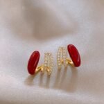 Korean Red Claw Three Layer Stud Earrings with stones
