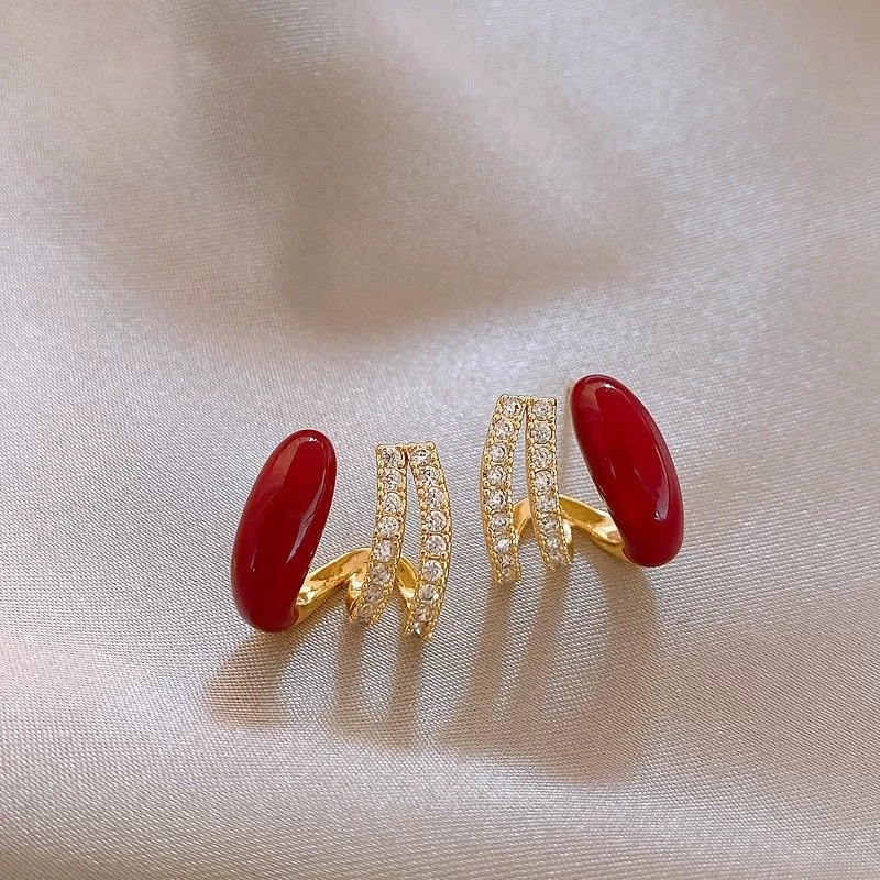 Korean Red Claw Three Layer Stud Earrings with stones