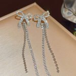 Silver Plated Korean Bow Long Earrings with crystal chains