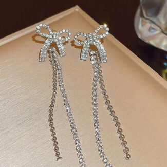 Silver Plated Korean Bow Long Earrings with crystal chains