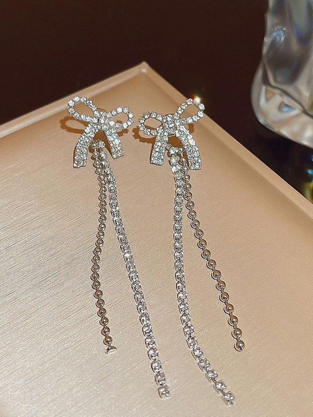 Silver Plated Korean Bow Long Earrings with crystal chains