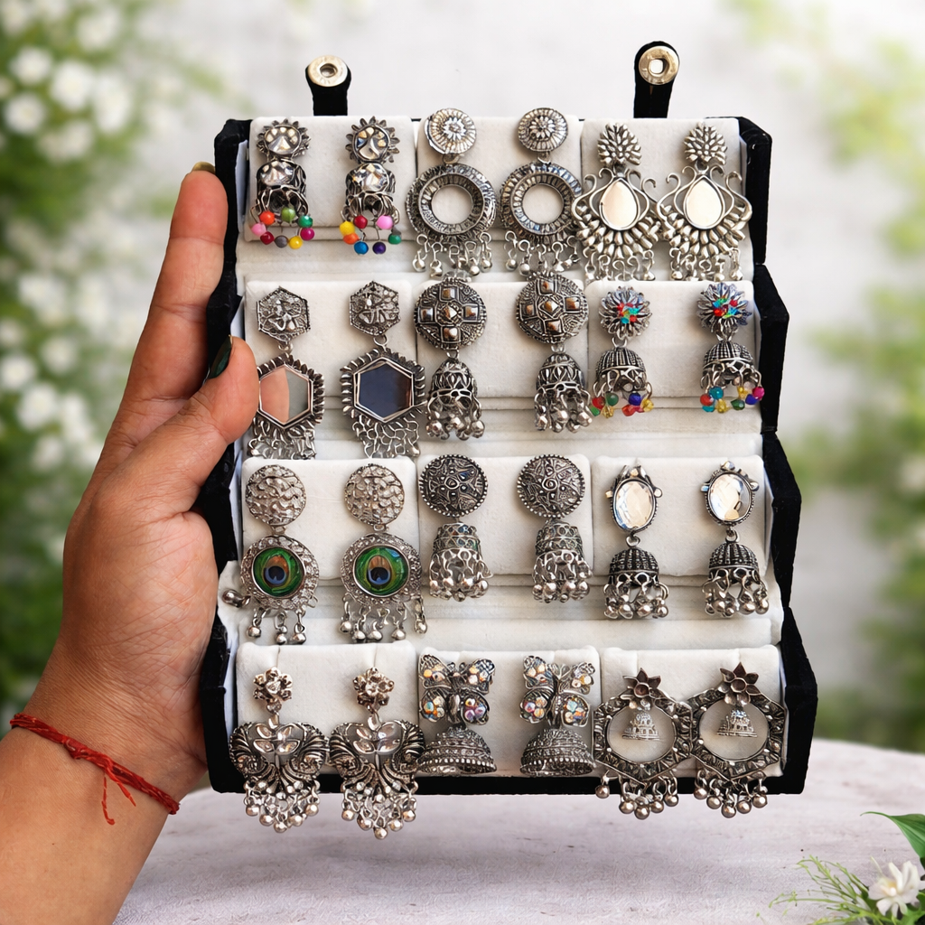 Viral Oxidized Silver Jhumka Set – 12 Pairs Combo Premium Box