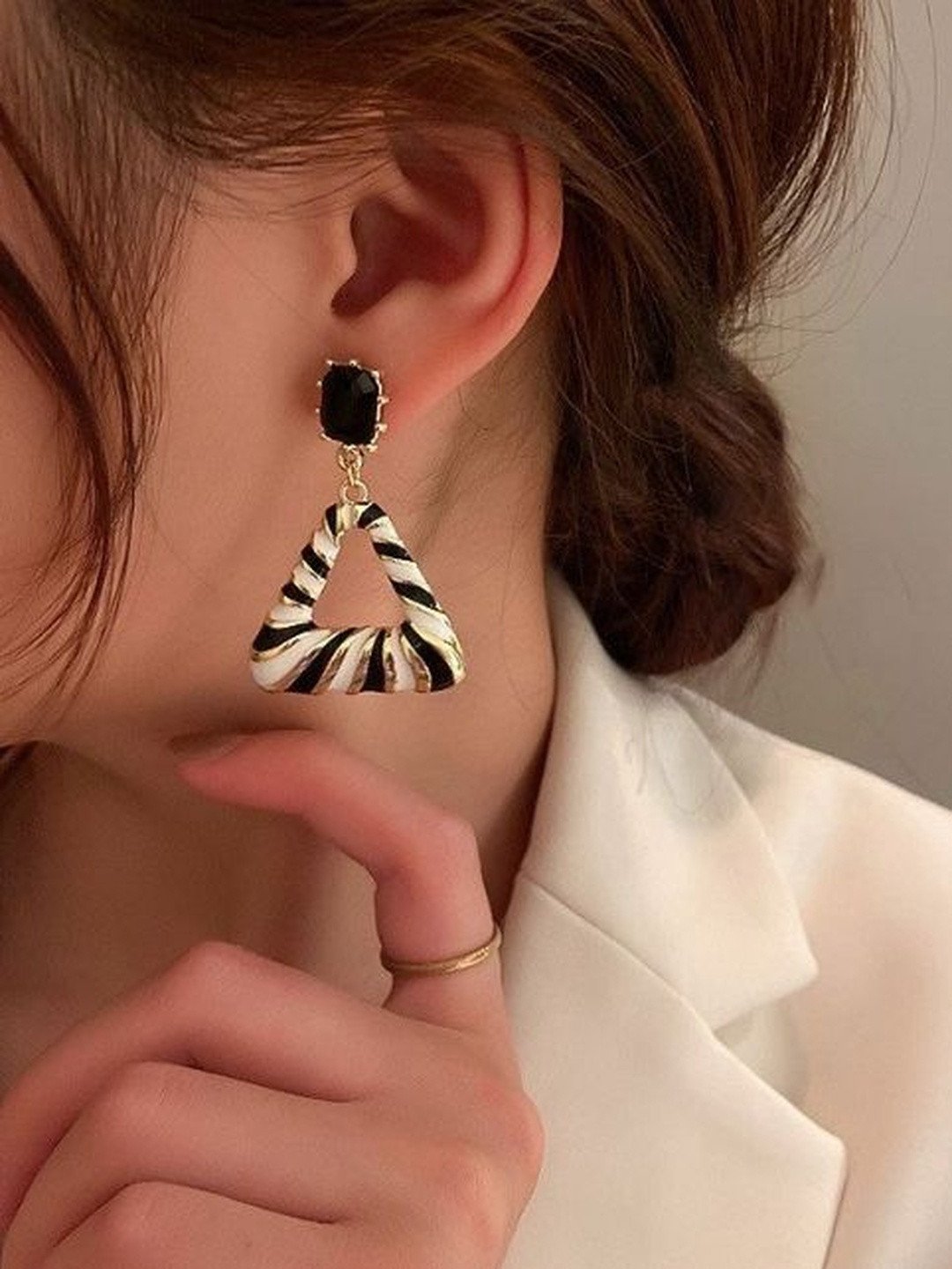 Zebra Enameled Triangle Korean Earrings 1