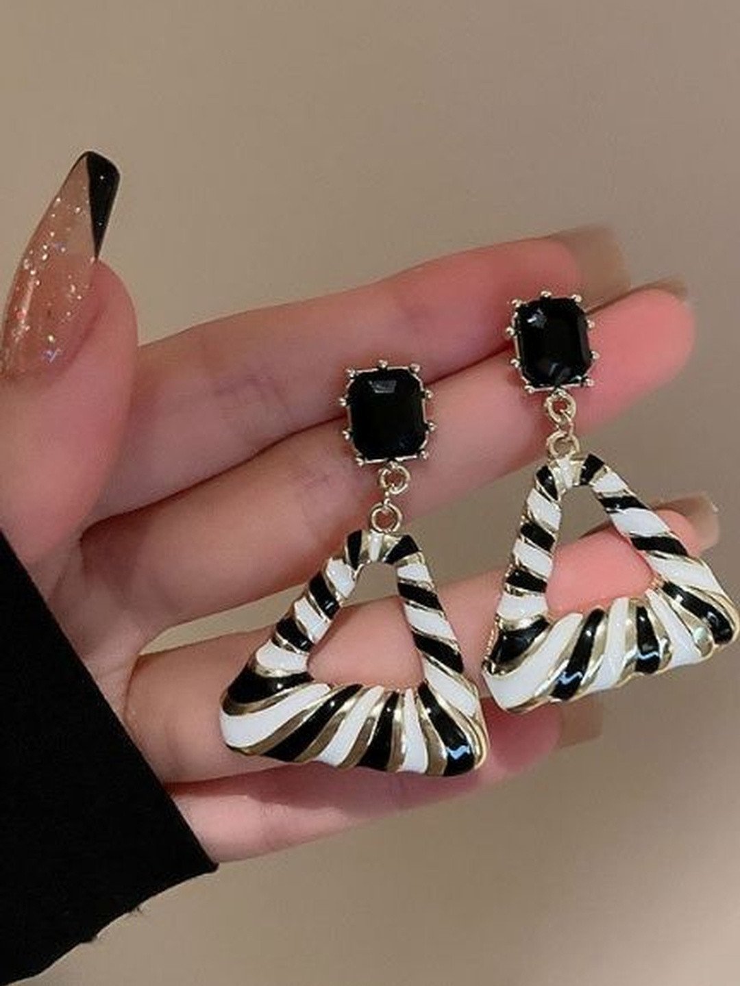 Zebra Enameled Triangle Korean Earrings 2