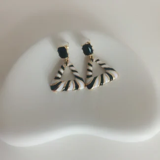 Korean Zebra Enameled Triangle Drop Earrings with black stone